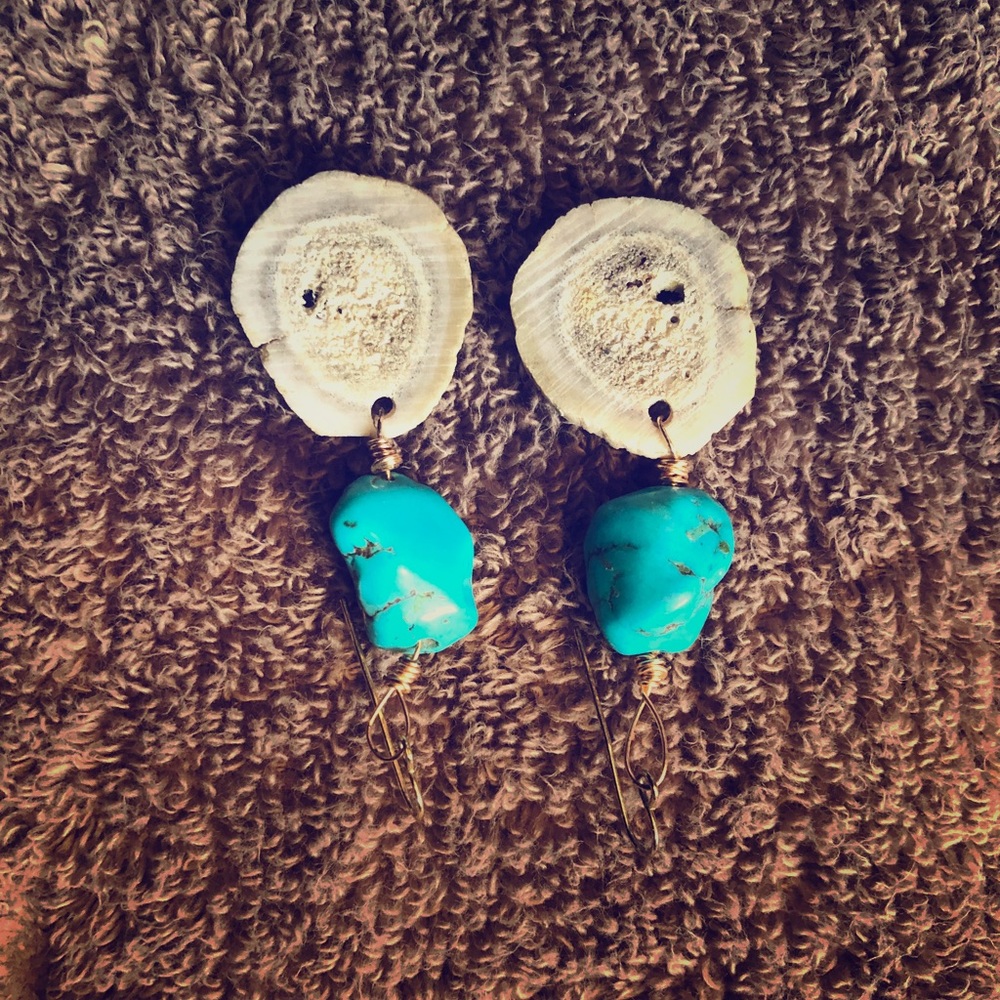 Turquoise and deer antler earrings